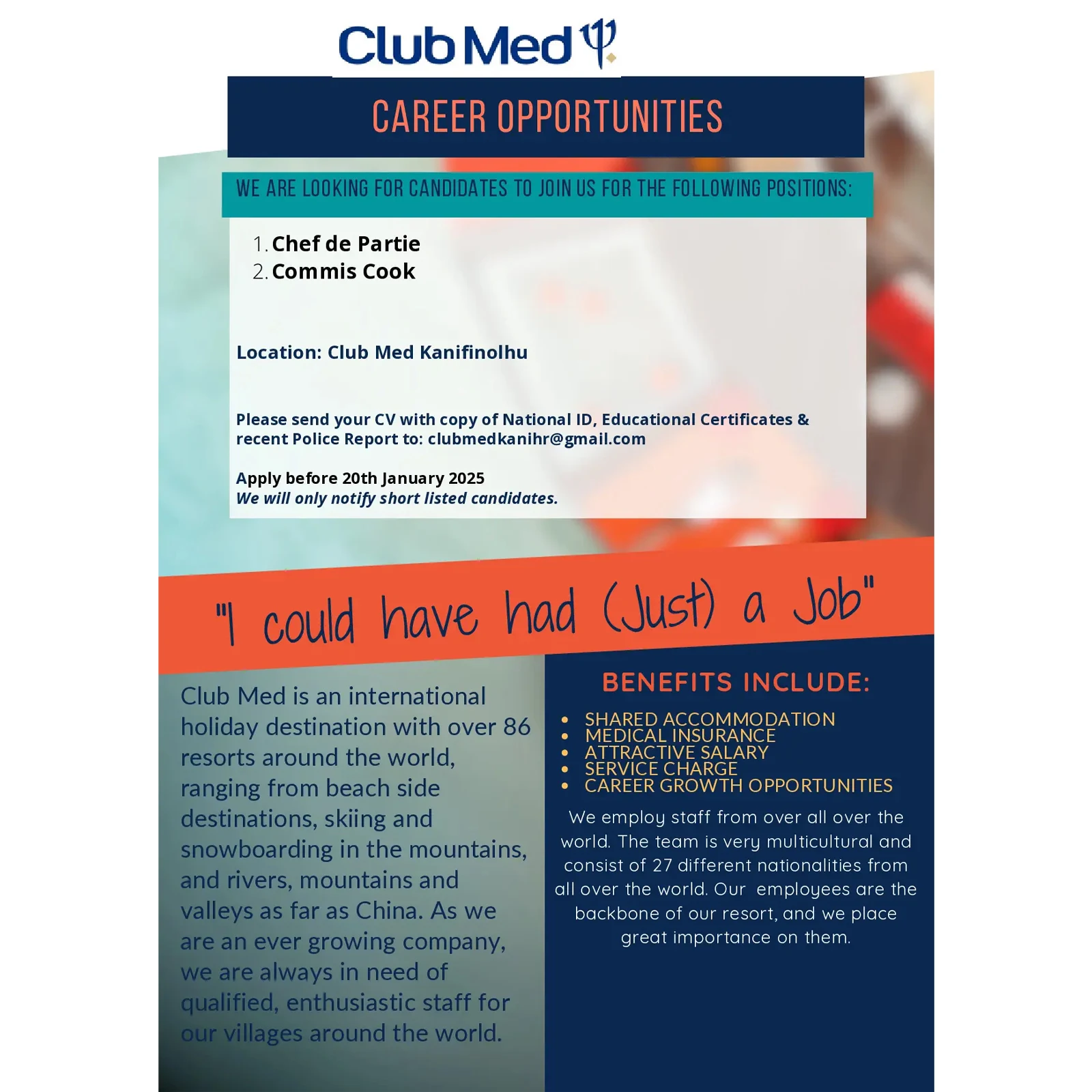 image of Chef de Partie and Commis Cook Job Vacancy at Club Med Kanifinolhu job advert