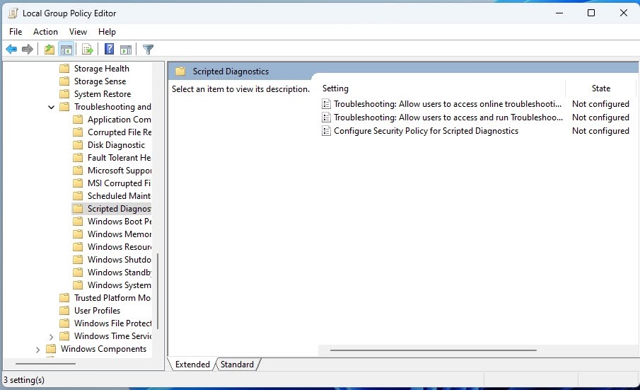 Halaman Diagnostik Tertulis di Group Policy Editor