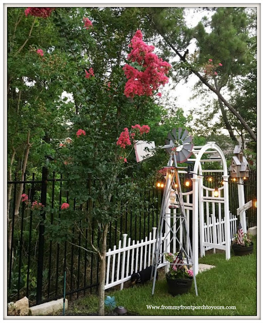 Suburban Farmhouse Backyard- Suburban Country Garden-Windmill-Arbor-Picket Fence-From My Front Porch To Yours