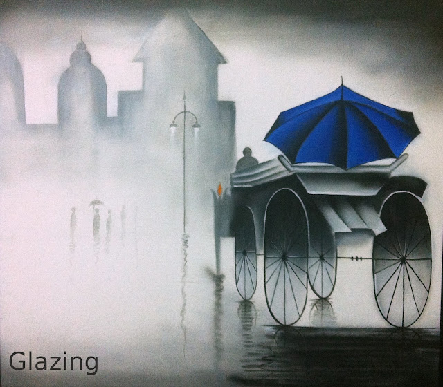 black and white acrylic painting of a man on a chariot, rainy day effect created using glazing