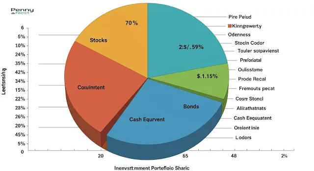 A pie chart representing an investment portfolio example with different asset classes like stocks and bonds.