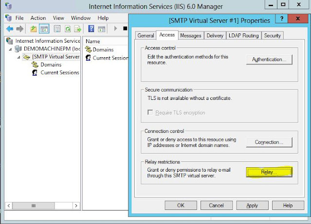 IIS6.0 Manager –> SMTP Virtual Server Properties –> Go to Access tab-> Click on Relay button