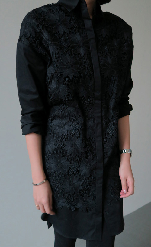  Floral Lace Overlay Shirt Dress