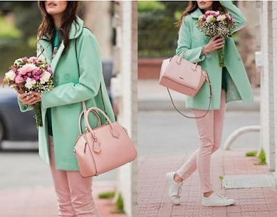 Mint and pink pastel color combination outfit