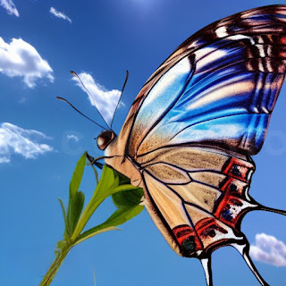 Beautiful Blue colour Butterfly setting on a green leap against a sky background