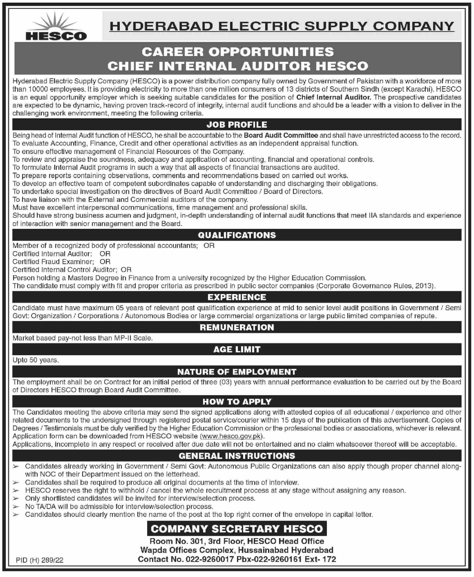 Jobs in Hyderabad Electric Supply Company HESCO