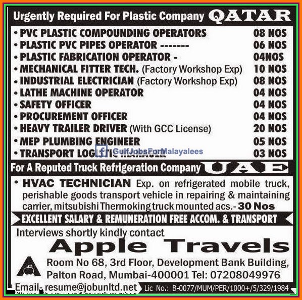 Urgent Jobs for a Plastic Company in Qatar & UAE