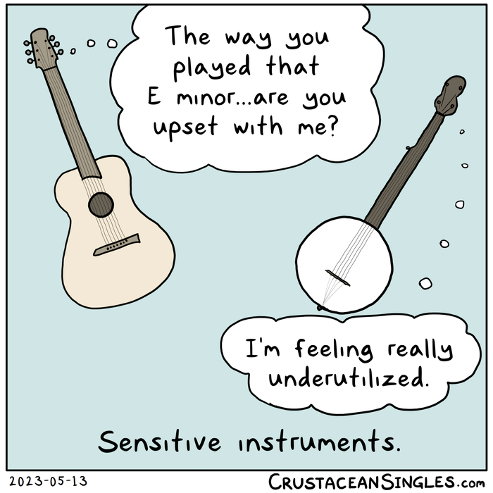 A guitar has a thought bubble reading "The way you played that E minor...are you upset with me?" A banjo has a thought bubble reading "I'm feeling really underutilized." Bottom caption: "Sensitive instruments."