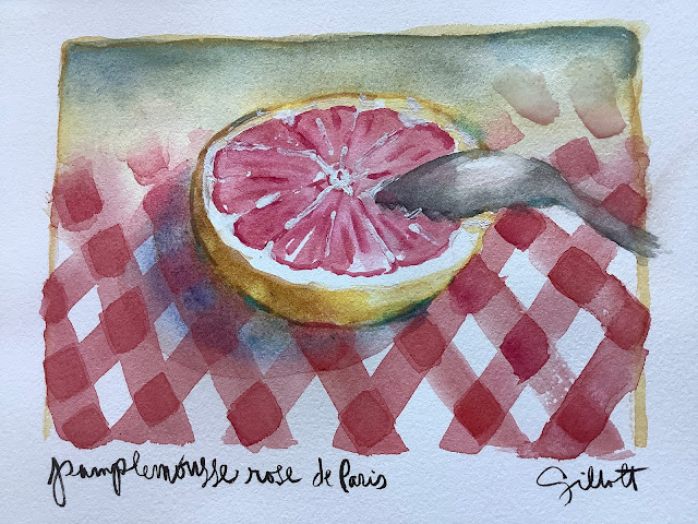 Watercolor painting of pink grapefruit on red checked tablecloth