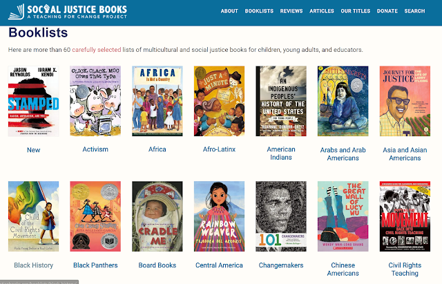 Screenshot of Social Justice Books' Booklists page, showing 2 rows of the 10 rows of curated booklists