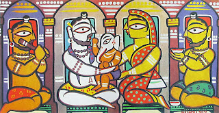 Shiva with Parvati and Ganapati; painting by Jamini Roy