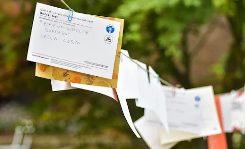 Mail pieces on a clothes line