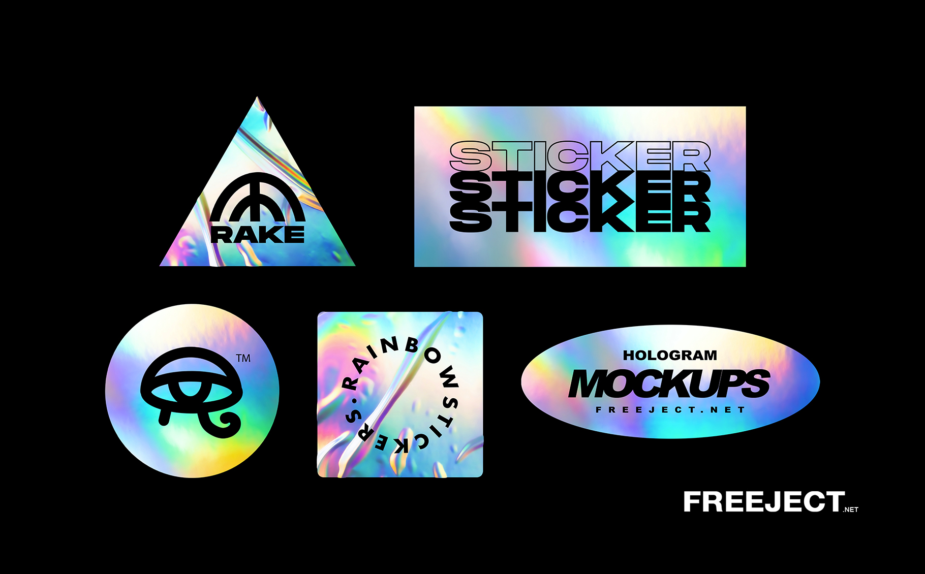 Download Free 5 Holographic Rainbow Foil Sticker Mockups Psd File