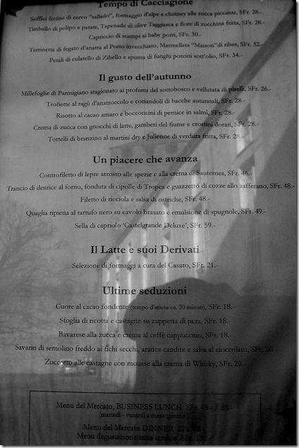 menù del ristorante dentro al castello