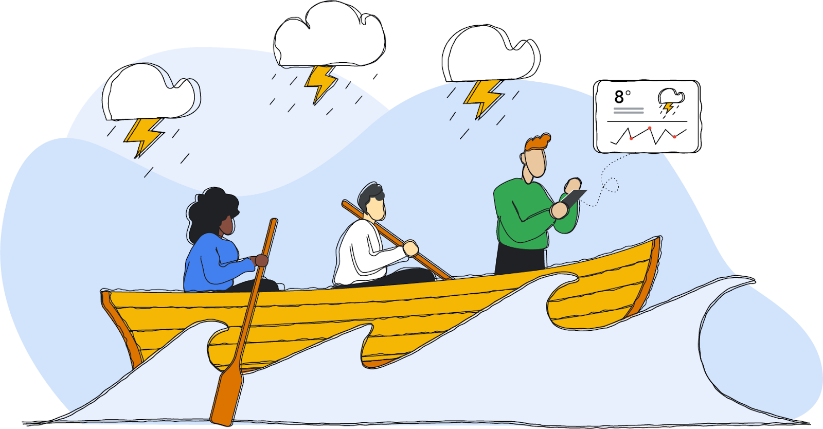 illustration of three people in a rowboat at sea during a storm. The person at the helm is looking at weather related data