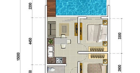 Denah rumah  minimalis ukuran 6x15 meter dengan kolam 