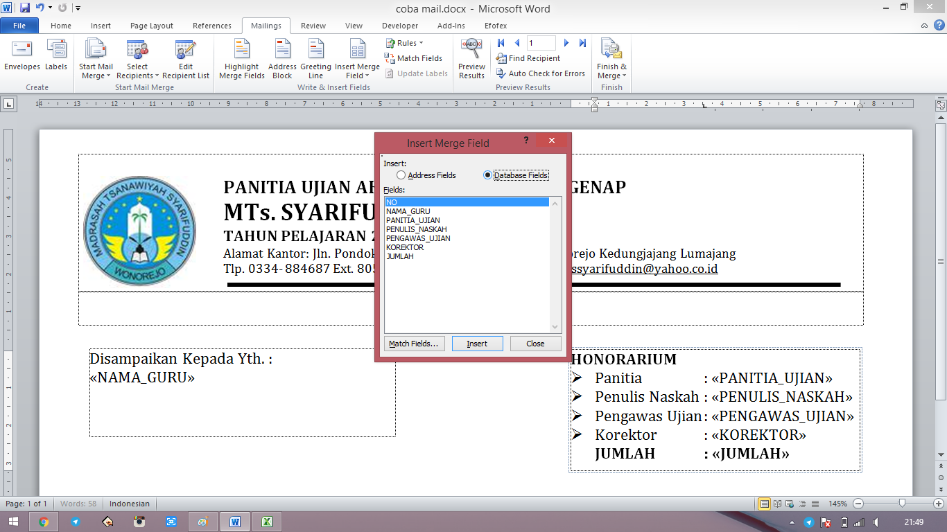 Cara Membuat / Mencetak Amplop Berbasis Mail Merge di Ms 