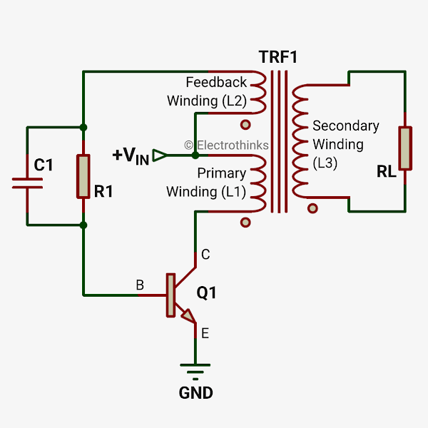 Blocking osillator circuit with Three winding transformer: Primary, Secondary, Feedback