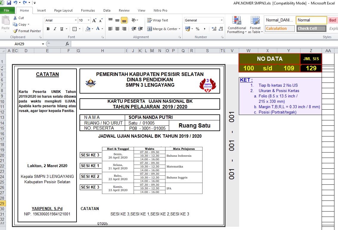 Cara Membuat Kartu Peserta Ujian dan Nomor Meja - Excel