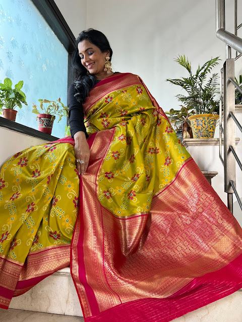 Lime green Patola saree with Kanjeevaram border