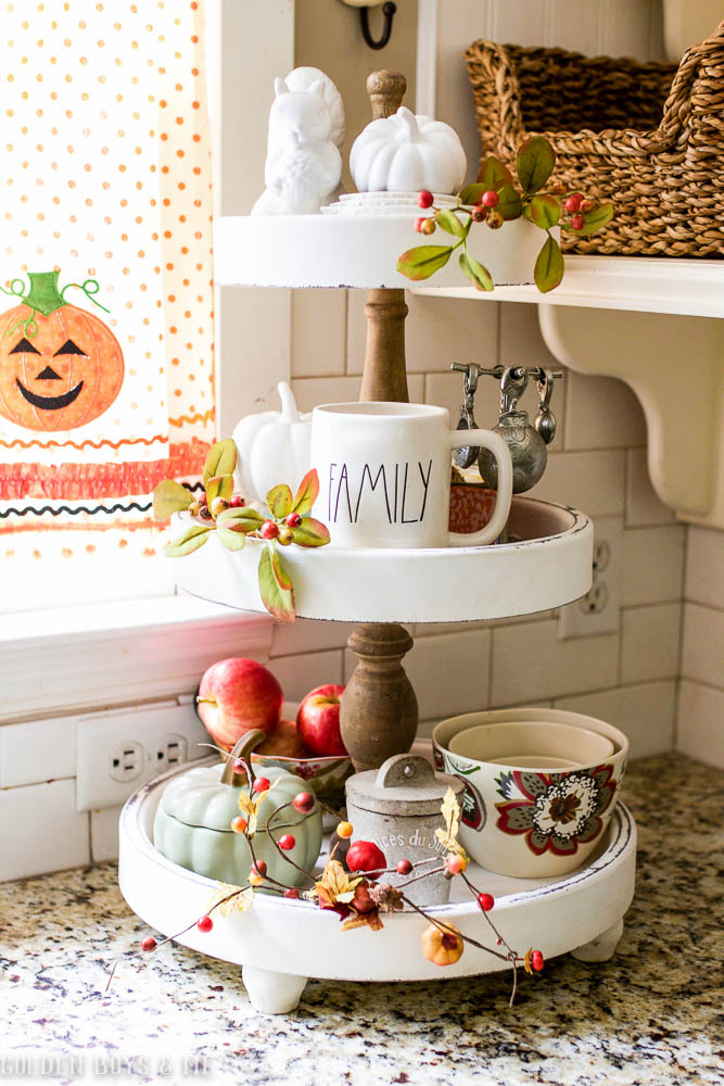 3 tiered kitchen stand from HomeGoods decorated for fall