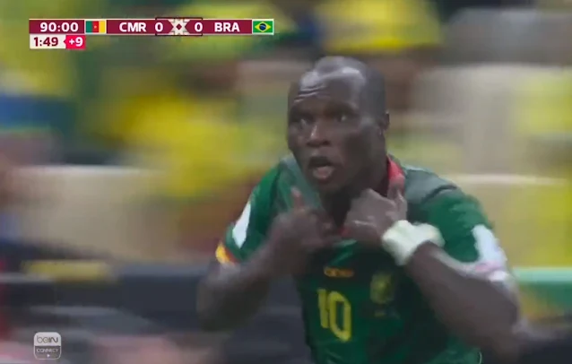 أبوبكر يسجل هدف عالمي في مباراة الكاميرون والبرازيل ويطرد