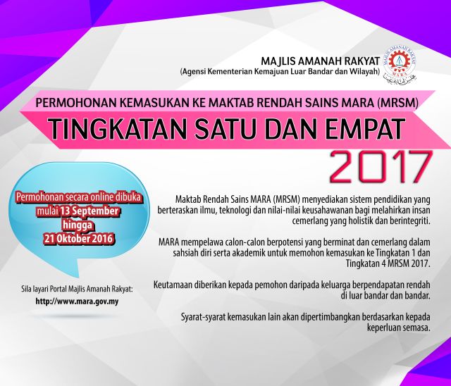 PERMOHONAN Online MRSM Tingkatan 1 dan Tingkatan 4 Tahun 2017 KINI DIBUKA. Ibubapa & Guru Mohon Ambil Tindakan Segera!