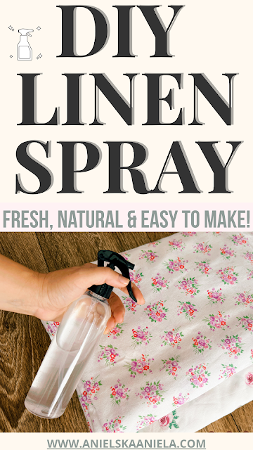 Spraying homemade linen mist on bed sheets