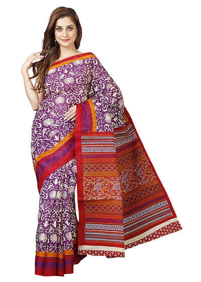 Purple Printed Polycotton Saree