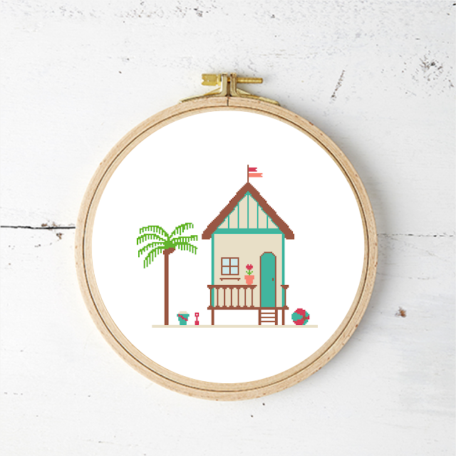 Beach Hut with Palm Tree and Beach Toys - cross stitch pattern