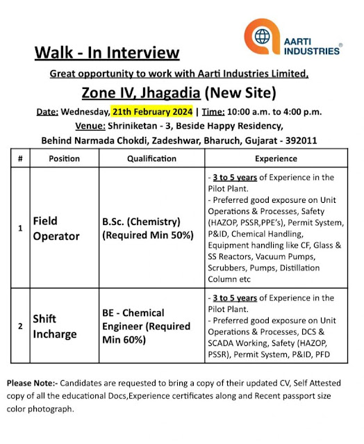 Aarti Industries Walk In Interview For Production Department