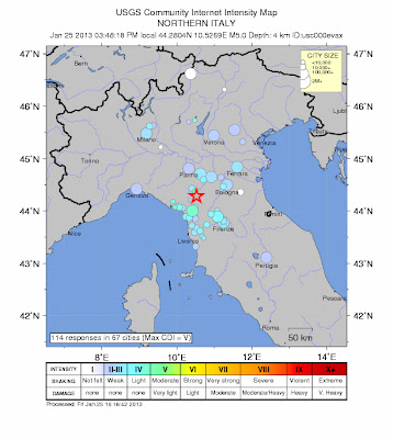 Epicentro sismo 5,0 grados, Italia, 25 de Enero de 2013