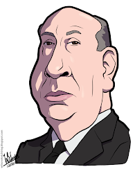 Cartoon caricature of Alfred Hitchcock