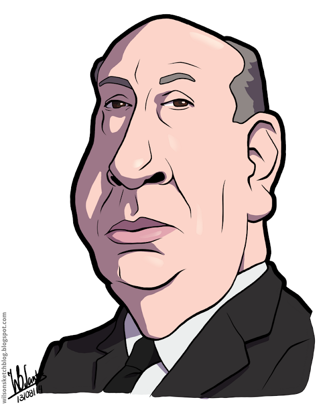 Cartoon caricature of Alfred Hitchcock.