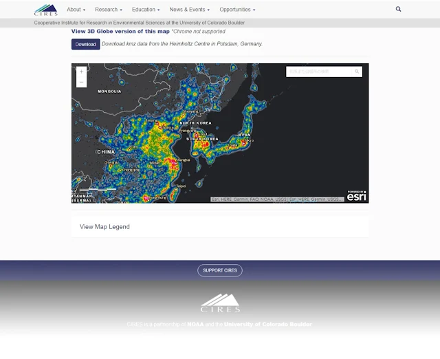 人工的な空の明るさの新しい世界地図　コロラド大学ボルダー校環境科学共同研究センター