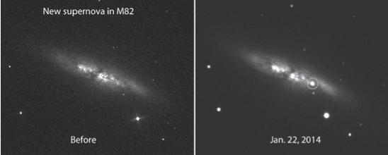 Before and after photos of the galaxy M82 showing the appearance of a  brand new 11.7 magnitude supernova.  Images by E. Guido, N. Howes, M. Nicolini