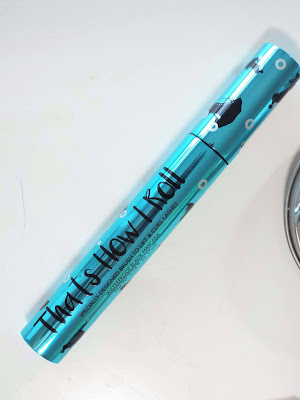 The Barry M That's How I Roll Mascara, a close up shot showing it's metallic blue packaging and roller skate design.