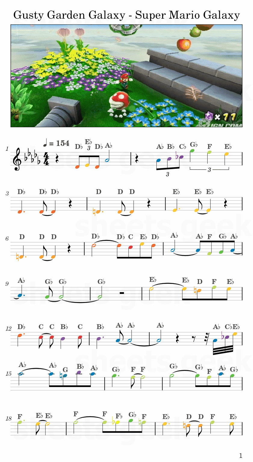 Gusty Garden Galaxy - Super Mario Galaxy Easy Sheet Music Free for piano, keyboard, flute, violin, sax, cello page 1