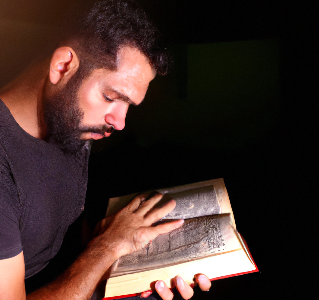 A imagem mostra um homem adulto de barba, usando uma camiseta cinza escuro lendo a bíblia em um momento difícil.