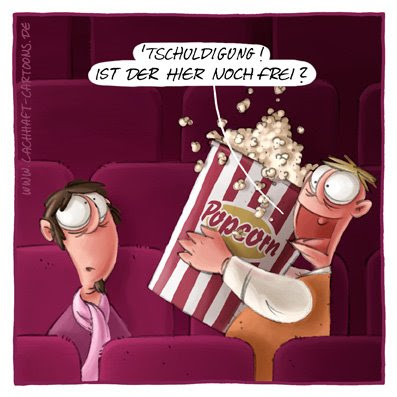 Popcorn Kino Höflichkeit unhöflich schmatzen Essen aufdringlich Film gucken Kinobesuch Cartoon Cartoons Witze witzig witzige lustige Bildwitze Bilderwitze Comic Zeichnungen lustig Karikatur Karikaturen Illustrationen Michael Mantel lachhaft Spaß Humor