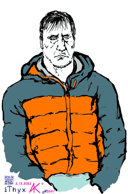 Мужчина, с небрежной чёлкой, в оранжево-серой куртке, со свёртком в руках. Автор рисунка: художник #iThyx