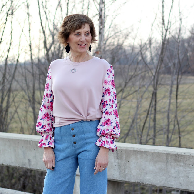 Style Maker Fabrics' Spring Style Tour 2019.  McCall's and Butterick patterns combined to make a top with French Terry and Rayon Crepe.  The pants are True Bias Landers made from Designer Washed Mid Weight Denim