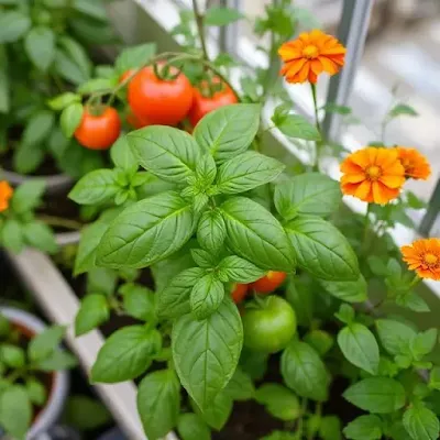 Close-up of basil, tomatoes, and marigolds growing together in a balcony garden