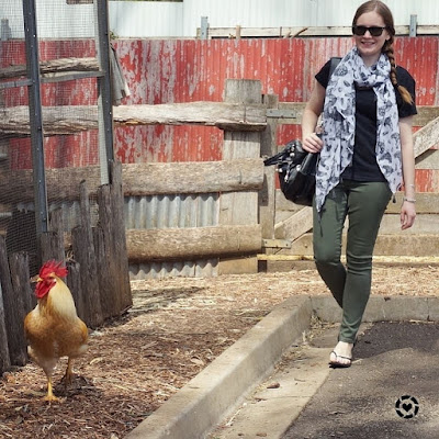 awayfromblue instagram | chasing rooster in Fashion Scarf Girl bird and egg print scarf olive skinny jeans black tee