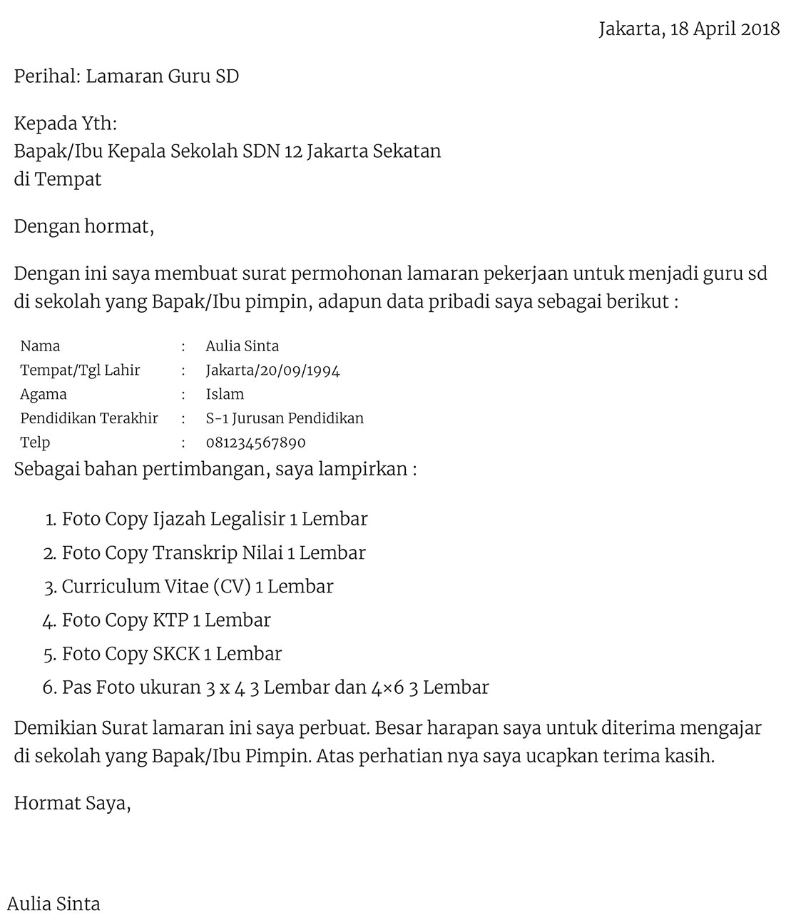 Contoh Surat Lamaran Kerja Guru