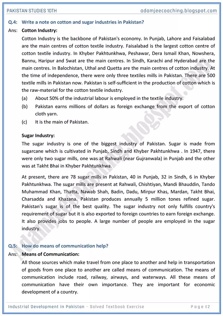 industrial-development-in-pakistan-solved-textbook-exercise-pakistan-studies-10th