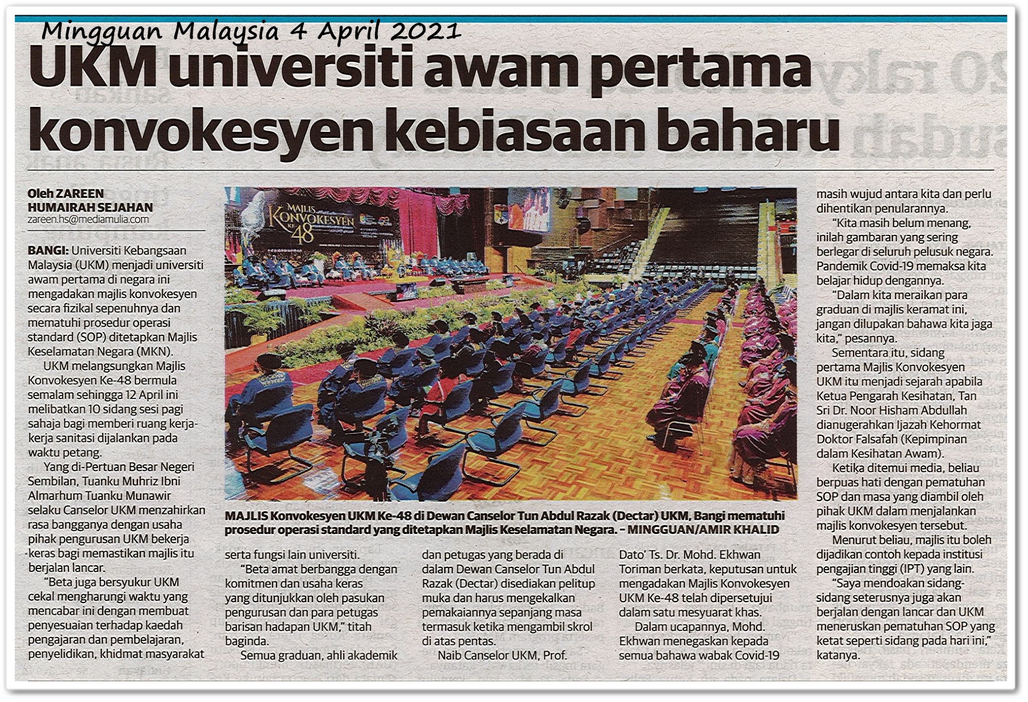 UKM universiti awam pertama konvokesyen kebiasaan baharu - Keratan akhbar Mingguan Malaysia 4 April 2021