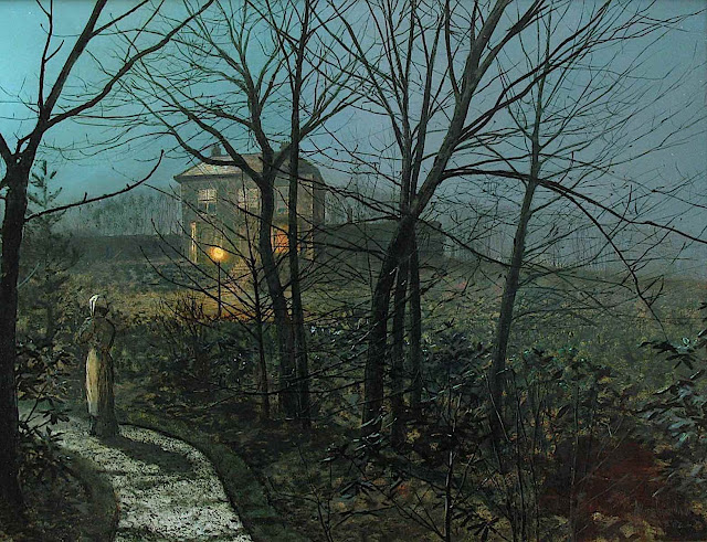 a John A. Grimshaw painting of a woman walking a moody path