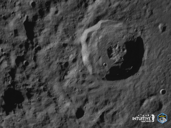 An image of the Moon's Bel'kovich K crater that was taken by Odysseus' Terrain Relative Navigation camera...following the successful Lunar Orbit Insertion burn on February 21, 2024.