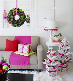 pink decorated room with gifts Marry Christmas Living Room Ideas